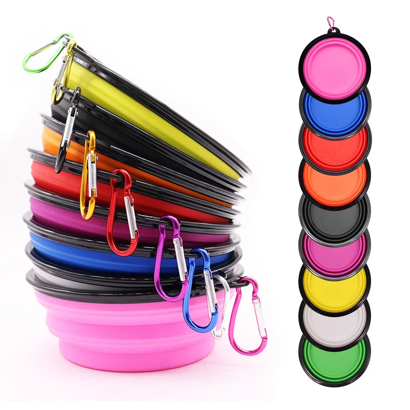 Stack of colorful collapsible bowls with carabiners and a vertical arrangement of the bowls.