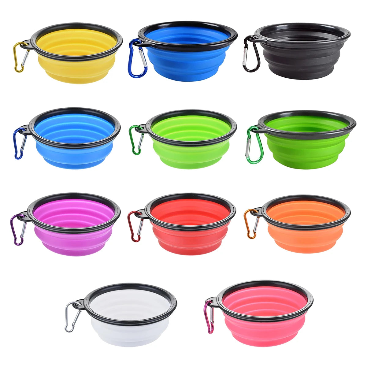Set of colorful collapsible pet bowls with carabiners on a white background