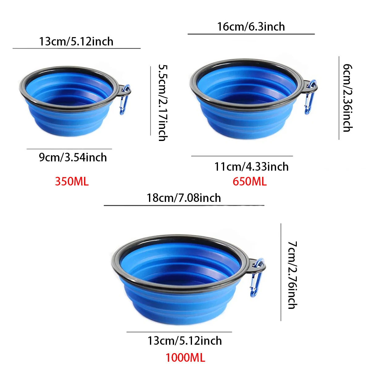 Collapsible blue dog bowls with measurements on a white background
