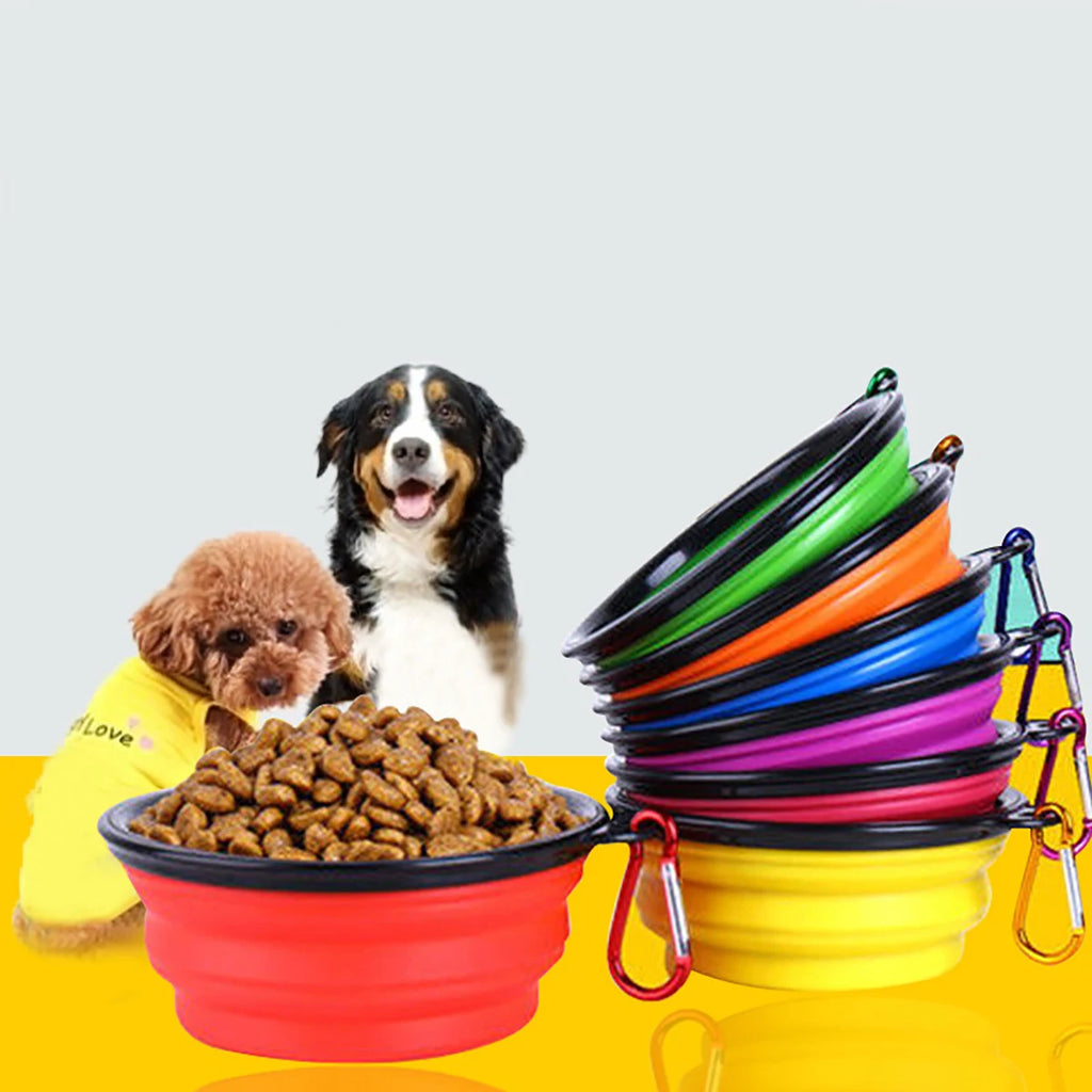 Collapsible dog bowls in various colors with a dog and dog food on a yellow surface.